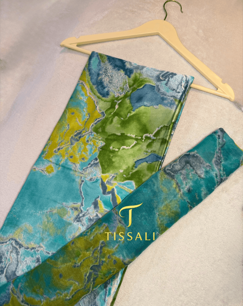 SLIK SOIE AVEC VOILE ✨marbré oriental bleu turquoise